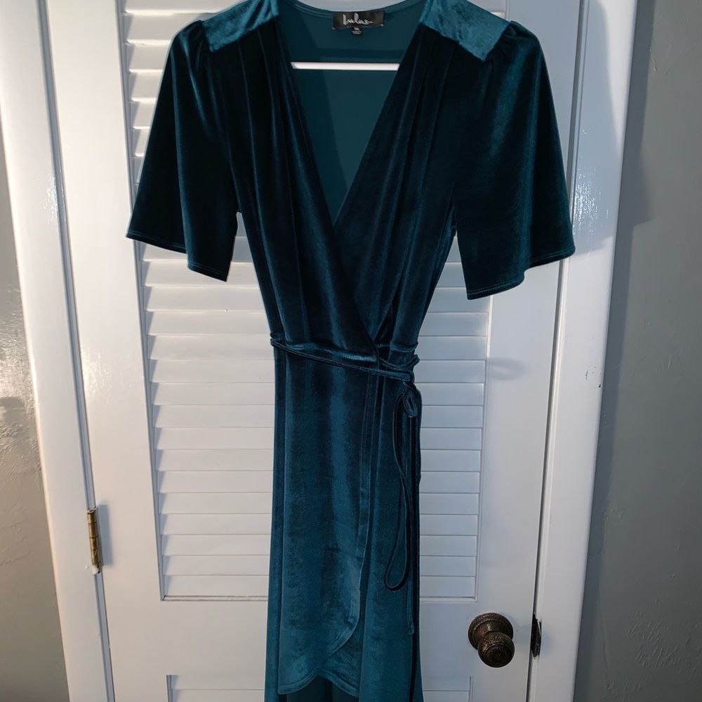 Teal velvet hi-low wrap dress